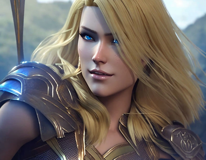 Golden-armored female warrior with blue eyes and bow in lush green setting