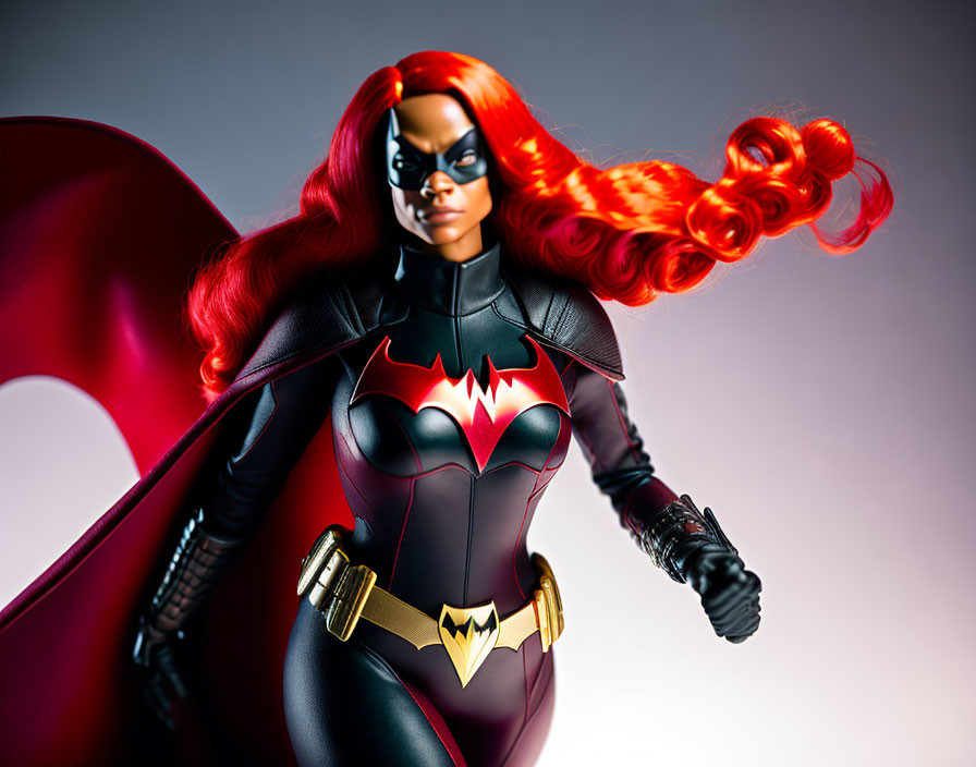 Stylized female superhero with red cape and fiery hair in black costume