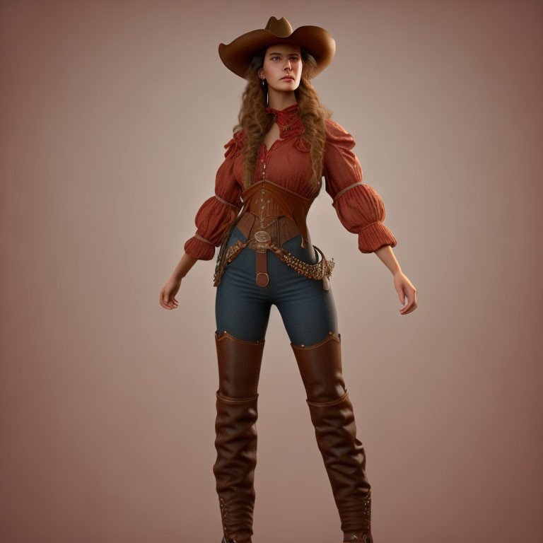 3D-rendered cowgirl in brown hat, red shirt, denim pants, and tall boots with