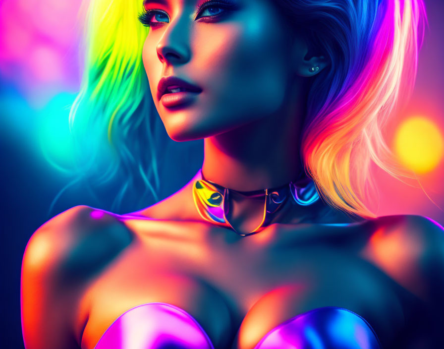 Vibrant digital artwork of woman with neon lighting and choker necklace