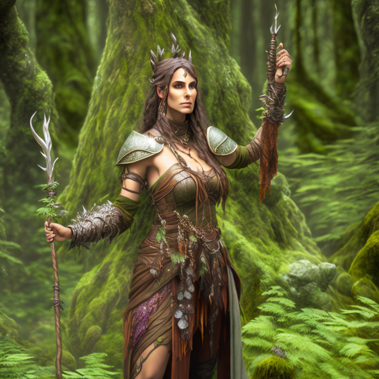 Fantasy armor-clad woman with staff in mossy forest