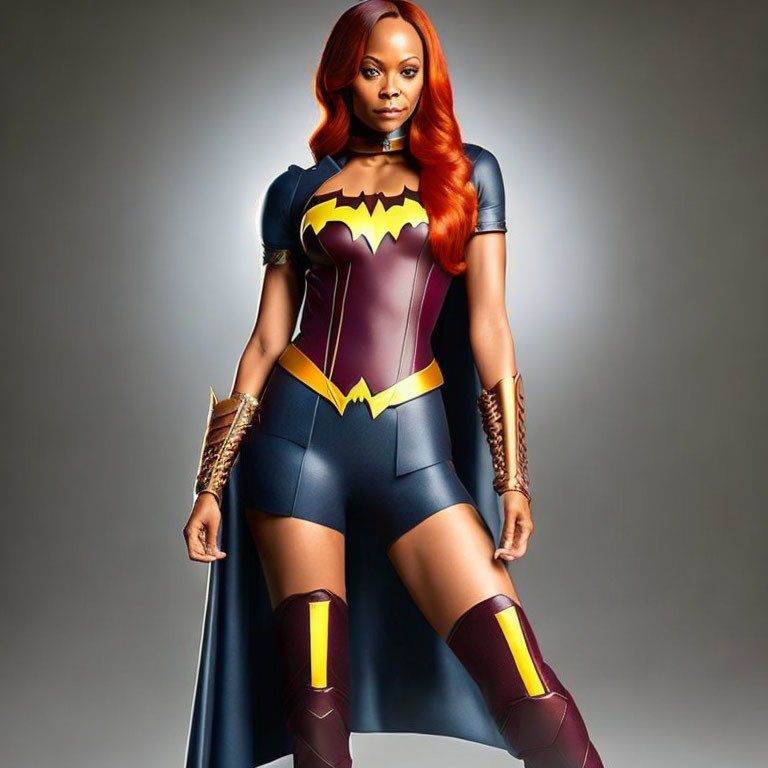 Cosplayer in Batgirl Costume with Red Wig and Gold Accessories