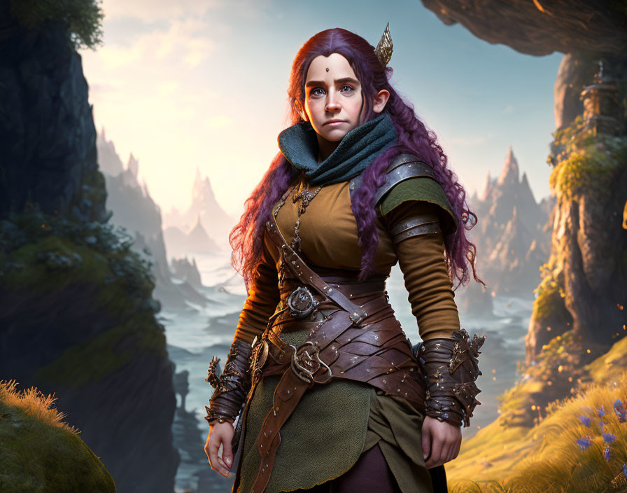 Female Elf Warrior with Purple Hair in Fantasy Landscape with Cliffs and River