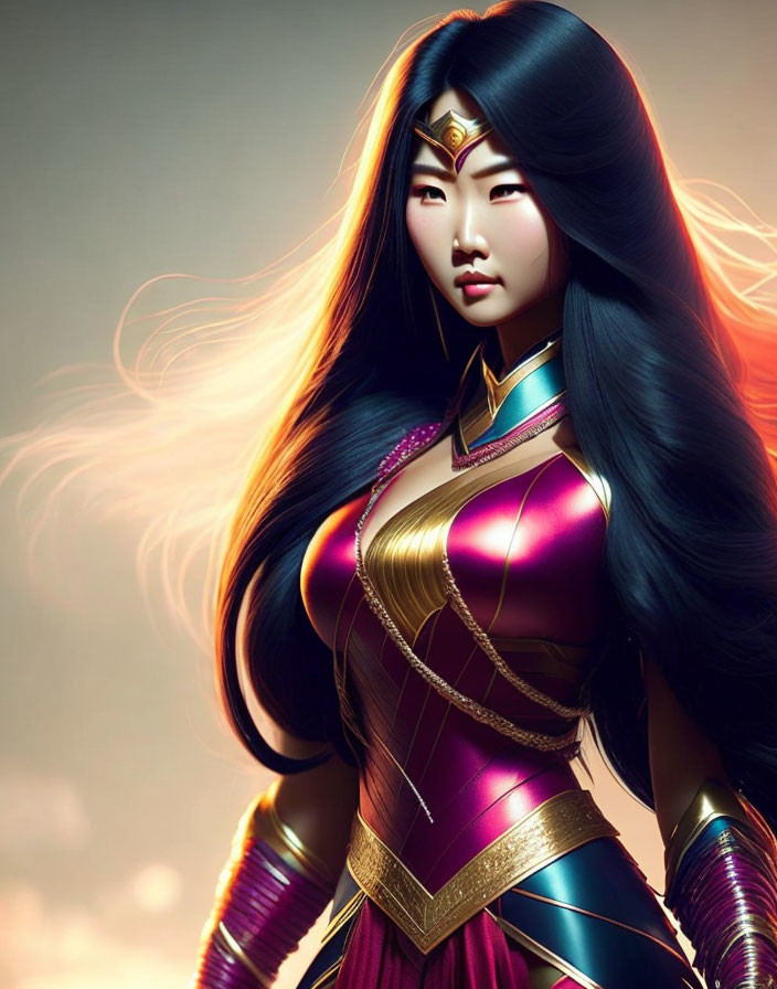 Regal woman in purple and gold armor with flowing hair