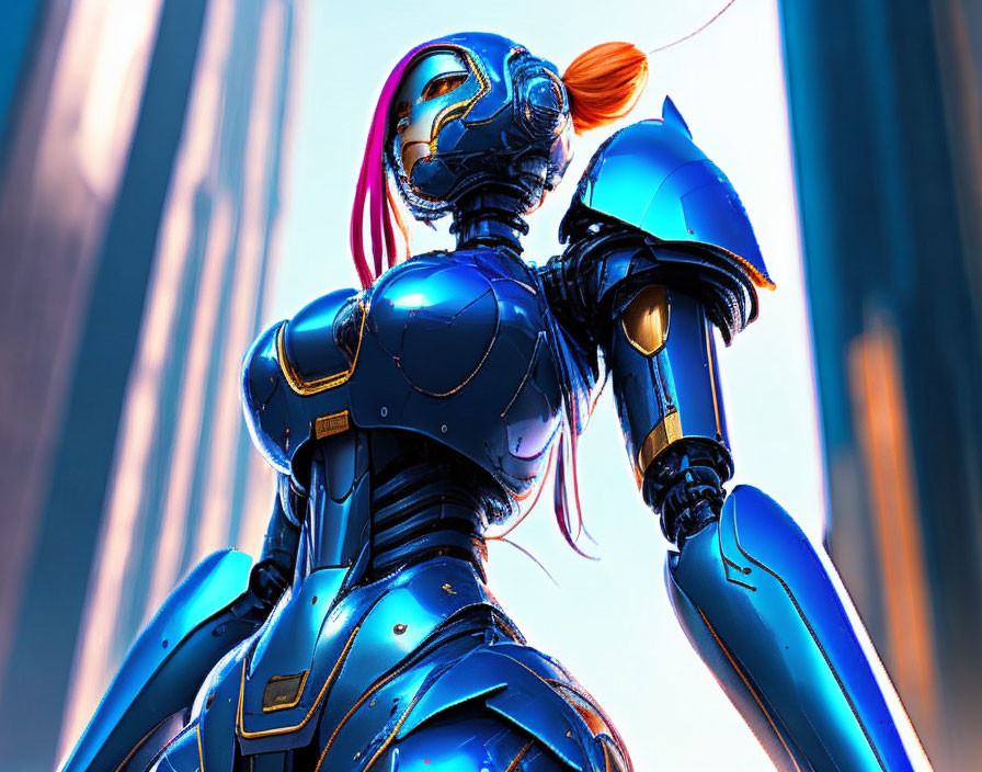 Female robot with blue armor and orange hair in futuristic cityscape