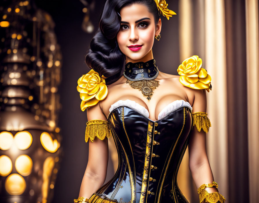 Vintage Black and Gold Corset Outfit with Chic Wavy Hairstyle