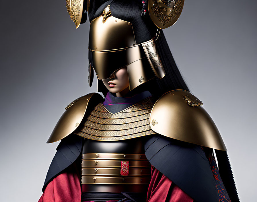 Traditional Japanese Samurai Armor with Intricate Helmet and Golden Accents