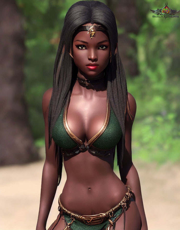 Dark-skinned woman in green bralette and headpiece with jewel.