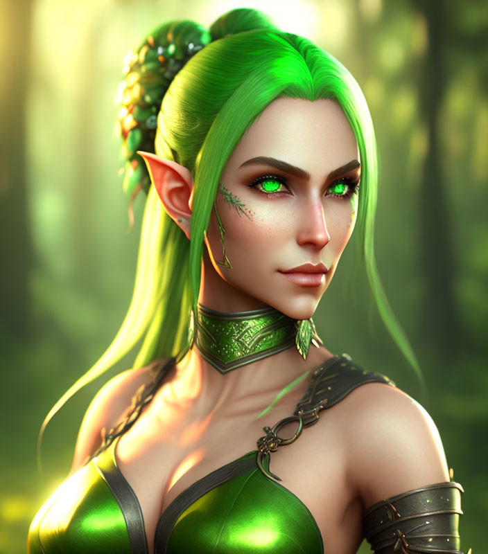 Digital artwork: Female elf with green hair and leaf jewelry in forest.