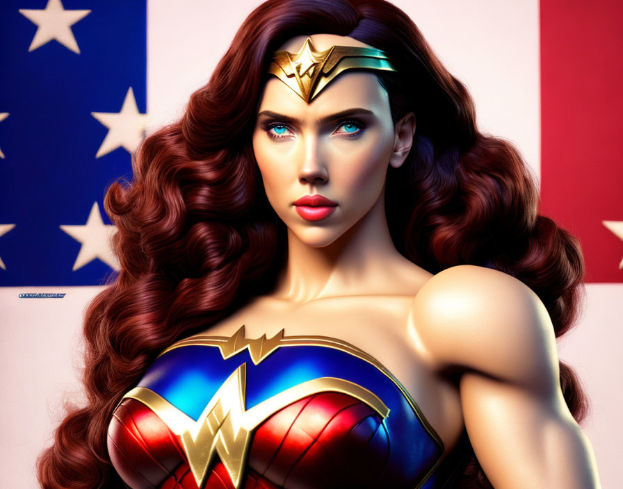 Female superhero with long curly hair in gold tiara and red-blue costume against American flag.