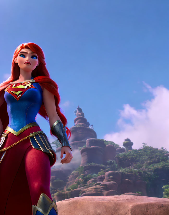 Red-haired female superhero in blue suit and red cape poses against sky and rocks