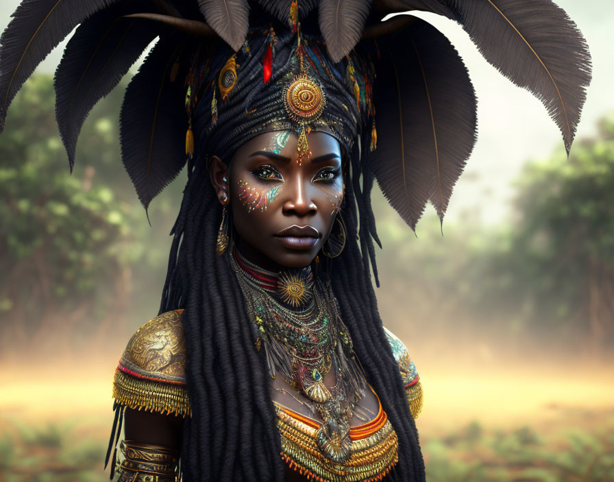 Digital artwork of woman with tribal makeup and jewelry in misty savannah.