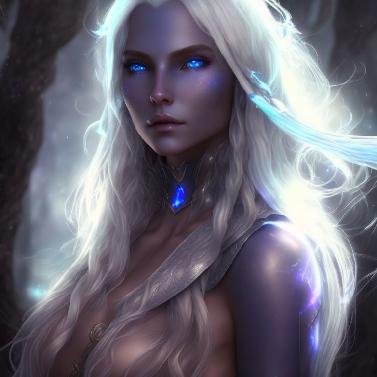 Ethereal female figure with blue eyes, luminescent markings, white hair in dark forest