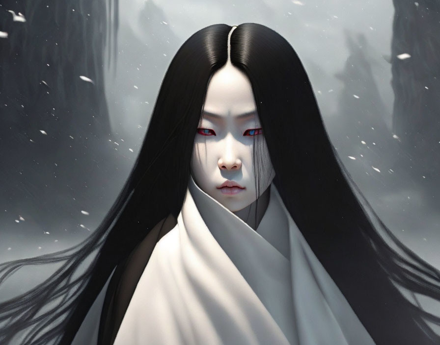 Pale-skinned figure with long black hair and red eyes in white, standing in falling snow.