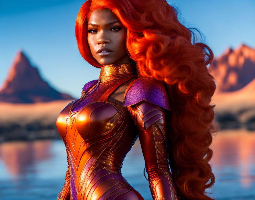 Strong Woman with Red Hair in Futuristic Bodysuit in Desert Landscape