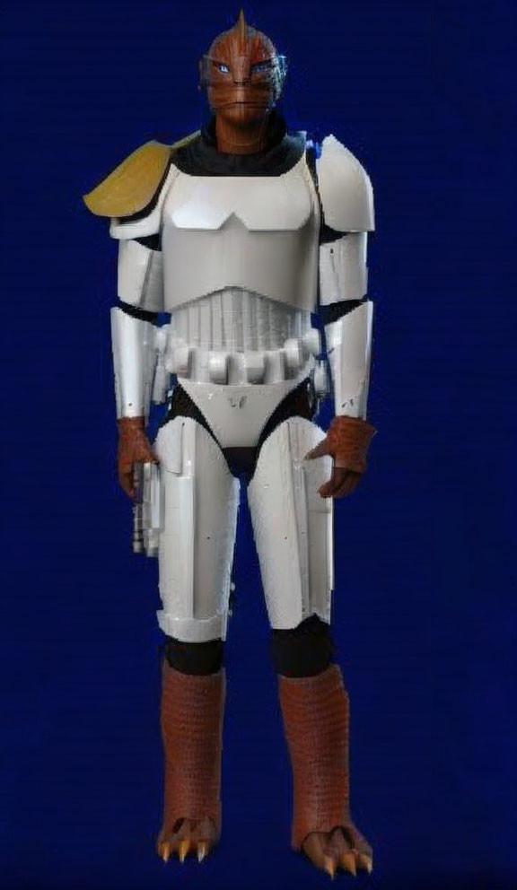 Orange-skinned humanoid toy figure in white armor with black and gold details on blue backdrop