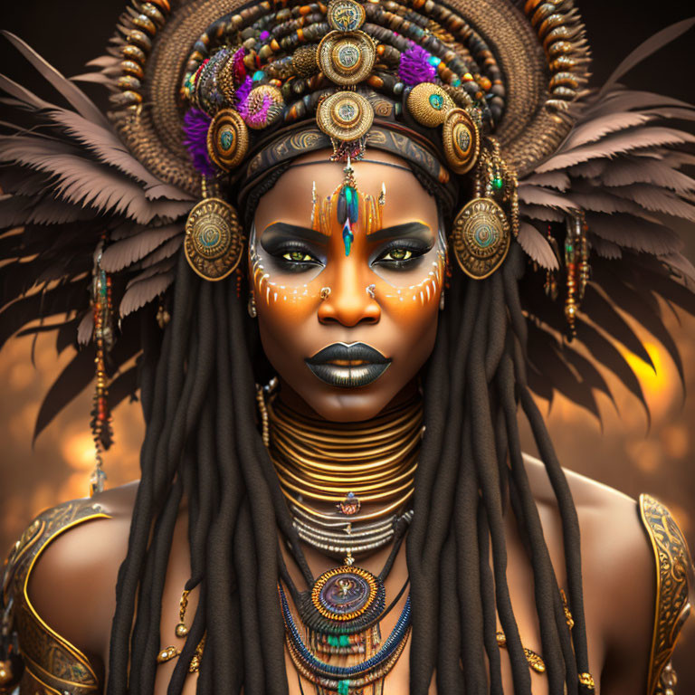 Ornately adorned woman in digital artwork with elaborate headdress and face paint