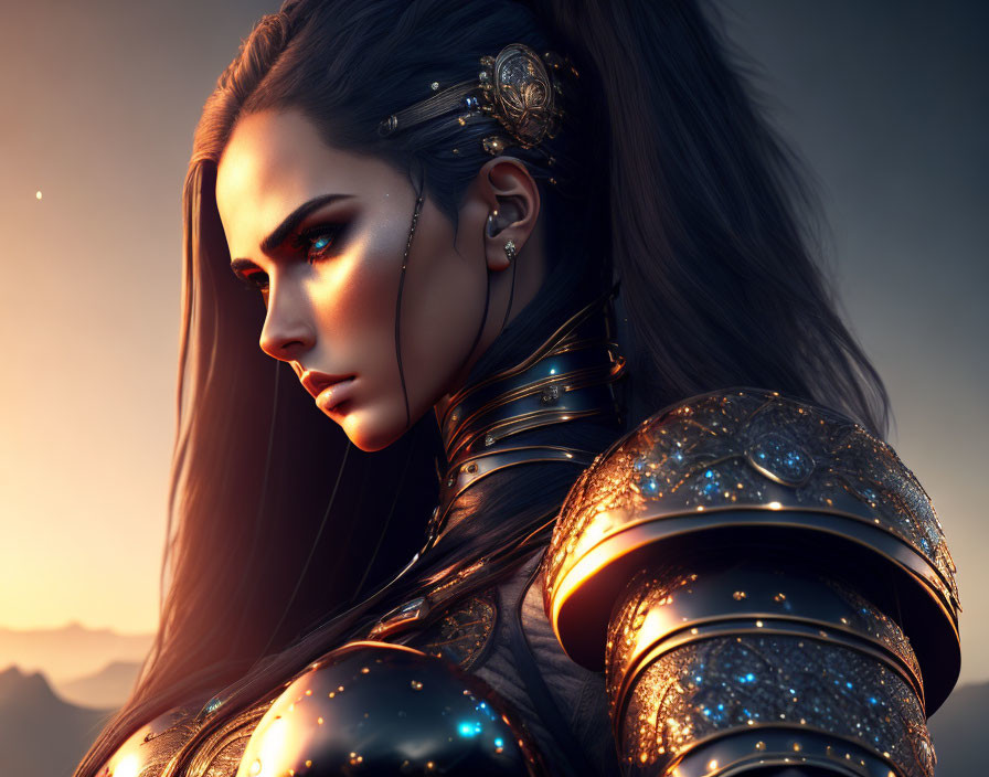 Detailed Female Warrior Digital Art Portrait Against Dusky Sky