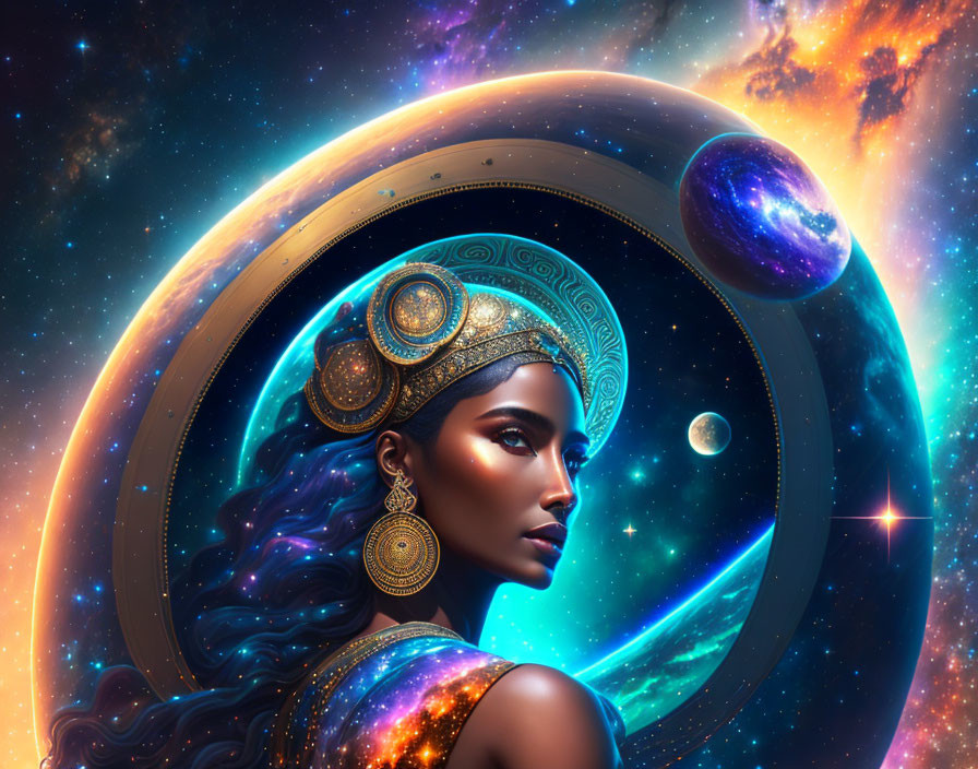 Woman in Cosmic Attire with Galaxy Background