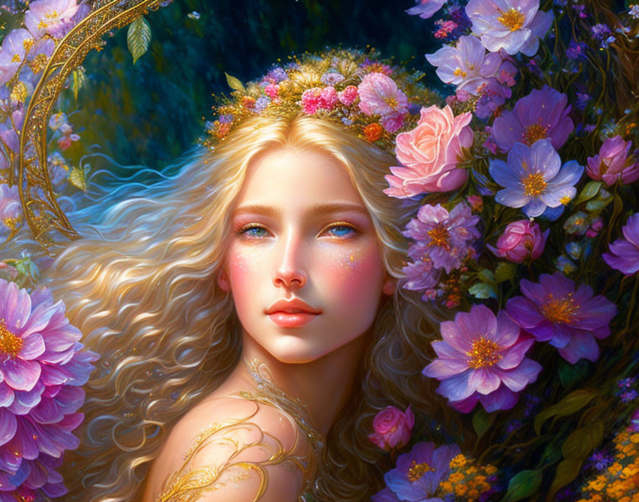 Illustration of woman with blonde hair and floral adornments in lush, ethereal setting