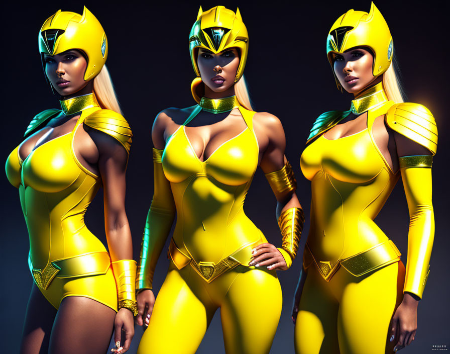 Three Female Characters in Yellow and White Futuristic Costumes on Dark Background