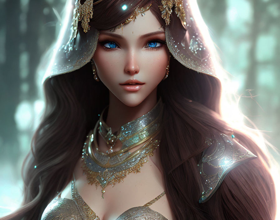 Ethereal woman with deep blue eyes in ornate golden jewelry against magical forest.