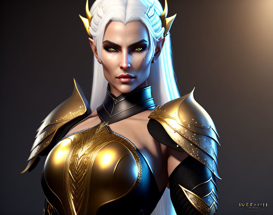 Pale-skinned elf with white hair and golden armor in determined pose