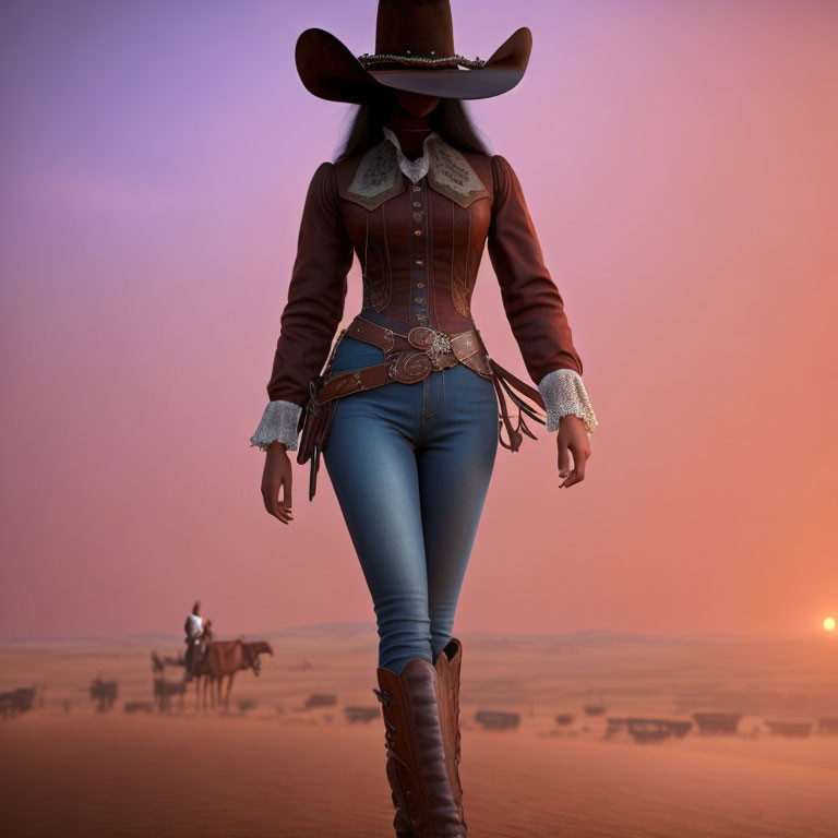 Cowgirl in cowboy attire with hat walking, horse and cattle at sunset