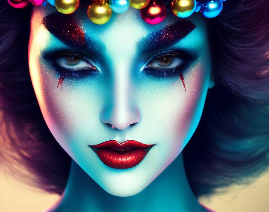 Colorful portrait of a person with artistic makeup and beads in blue, purple, and red tones