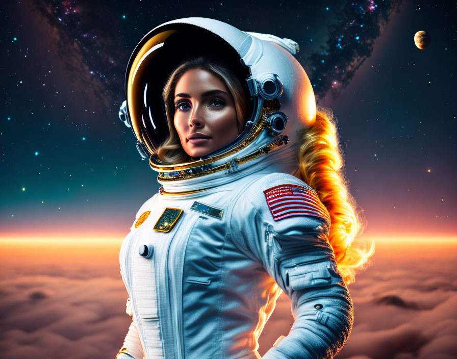 Female astronaut in space suit with flowing hair against starry sky