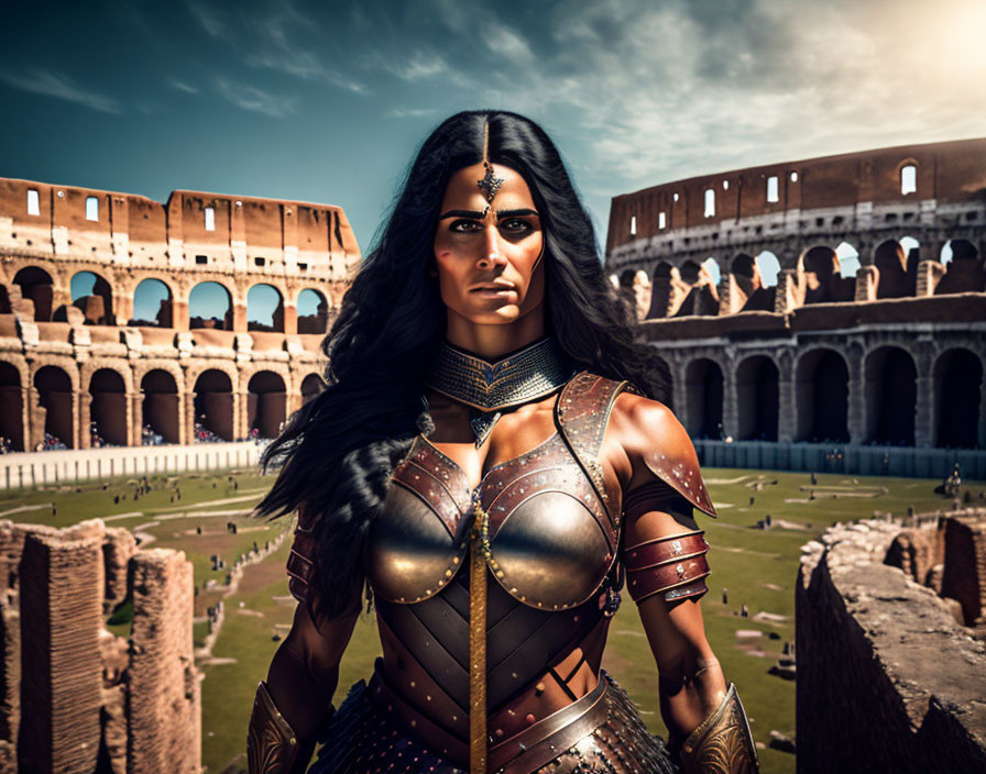 Female warrior in elaborate armor at Colosseum under dramatic sky