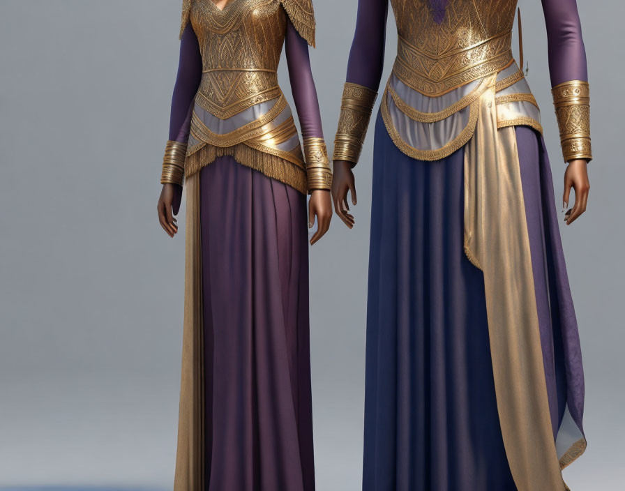 Two Women in Elegant Medieval Dresses with Gold Embroidery and Accessories