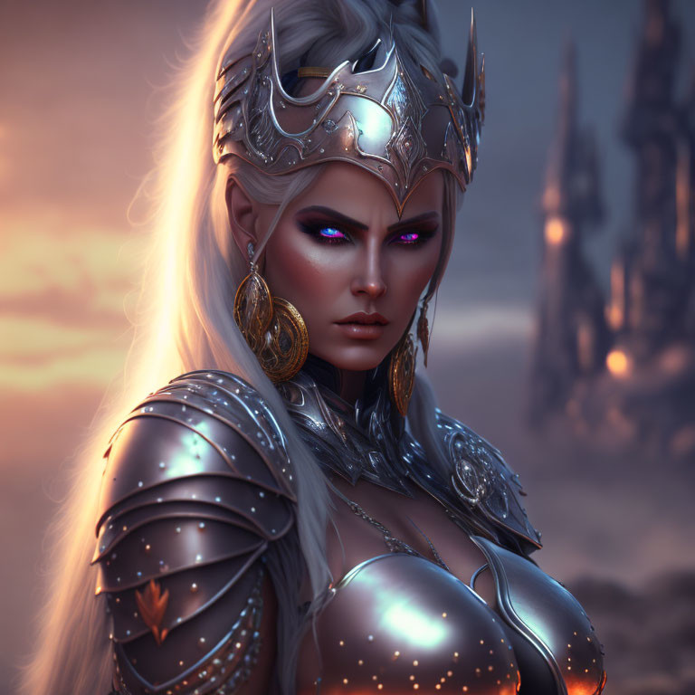 Armored fantasy warrior woman with purple eyes in ornate silver armor