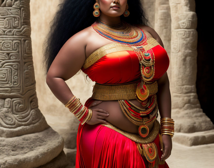 Woman in Red Traditional Attire with Golden Jewelry at Ancient Temple