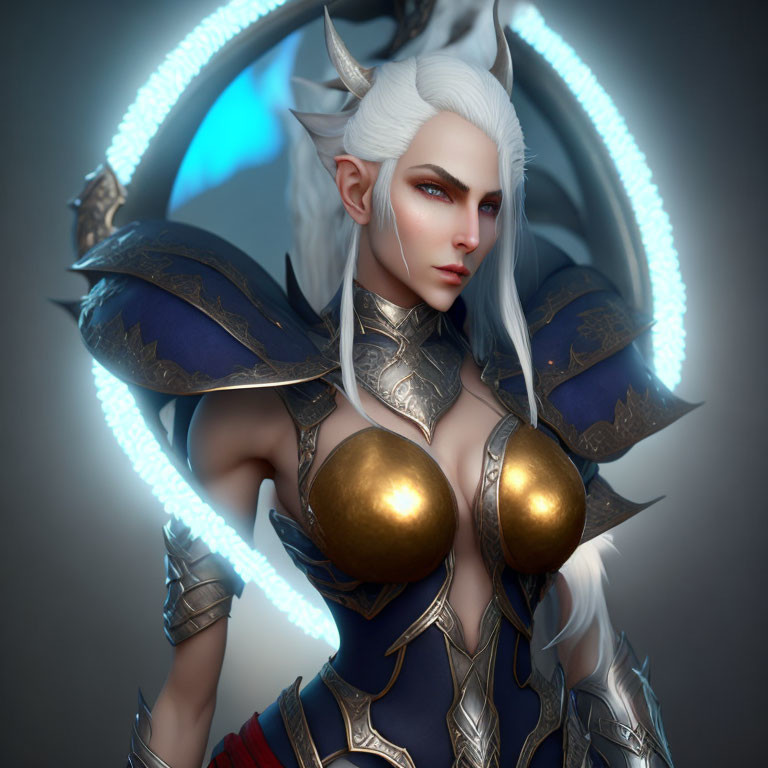 Fantasy female character with white hair, pointed ears, blue armor, and glowing halo.