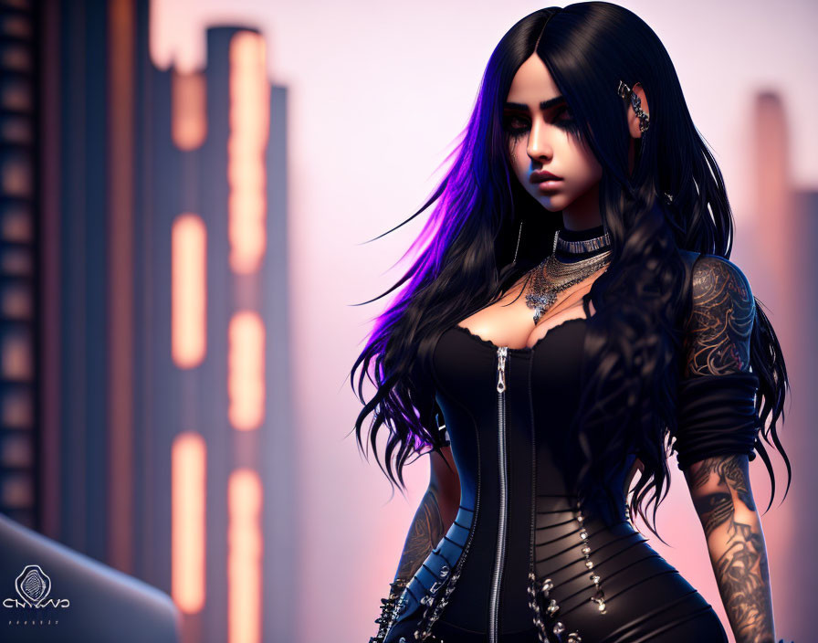 Digital artwork featuring woman with black & purple hair, tattoos, gothic corset, cityscape backdrop