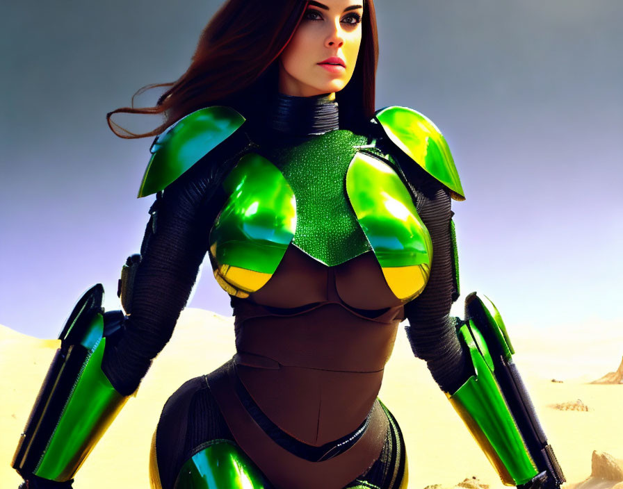 Futuristic green and black armor in desert setting