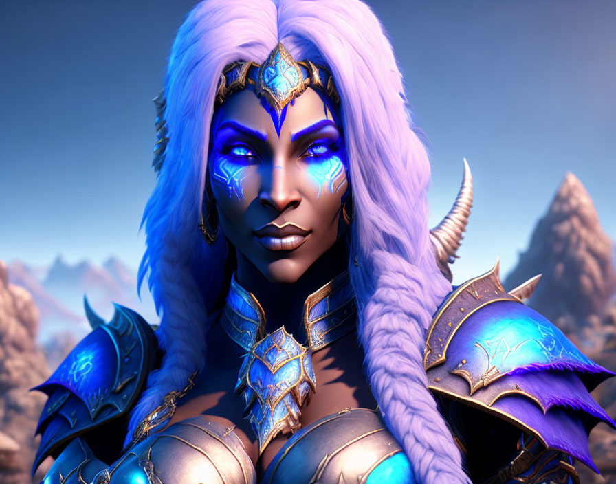 Fantasy character with blue skin, glowing tattoos, white hair, ornate armor in desert landscape