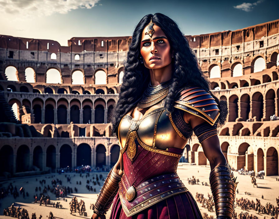 Digital artwork: Fierce warrior woman in gladiator armor at Colosseum