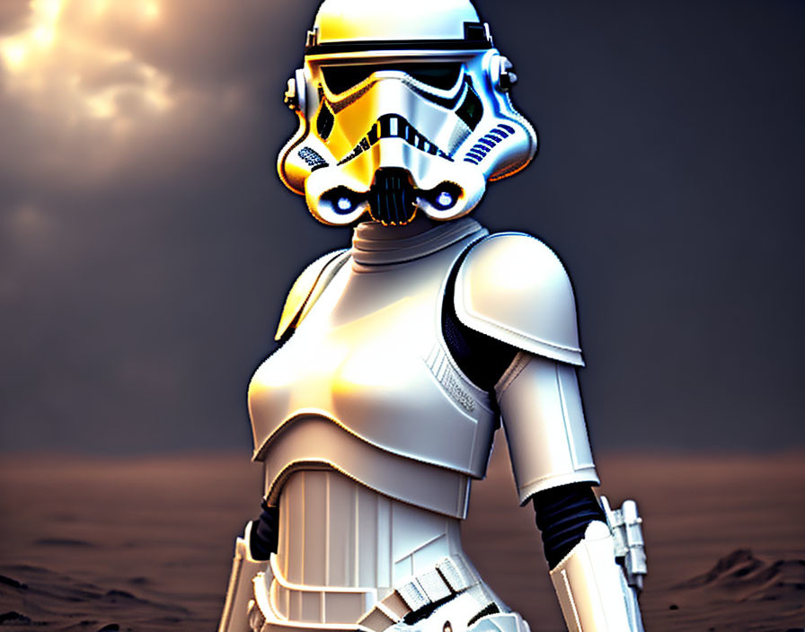 White and Orange Stormtrooper Helmet in 3D Desert Scene