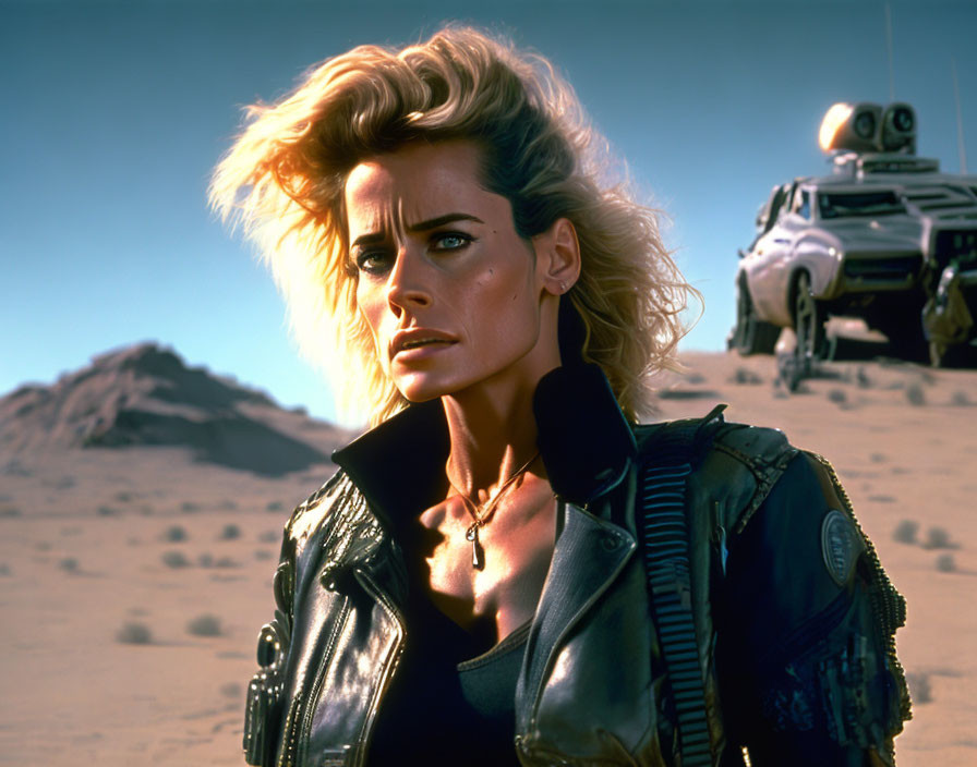 Blond woman in leather jacket with futuristic vehicle and robot in desert