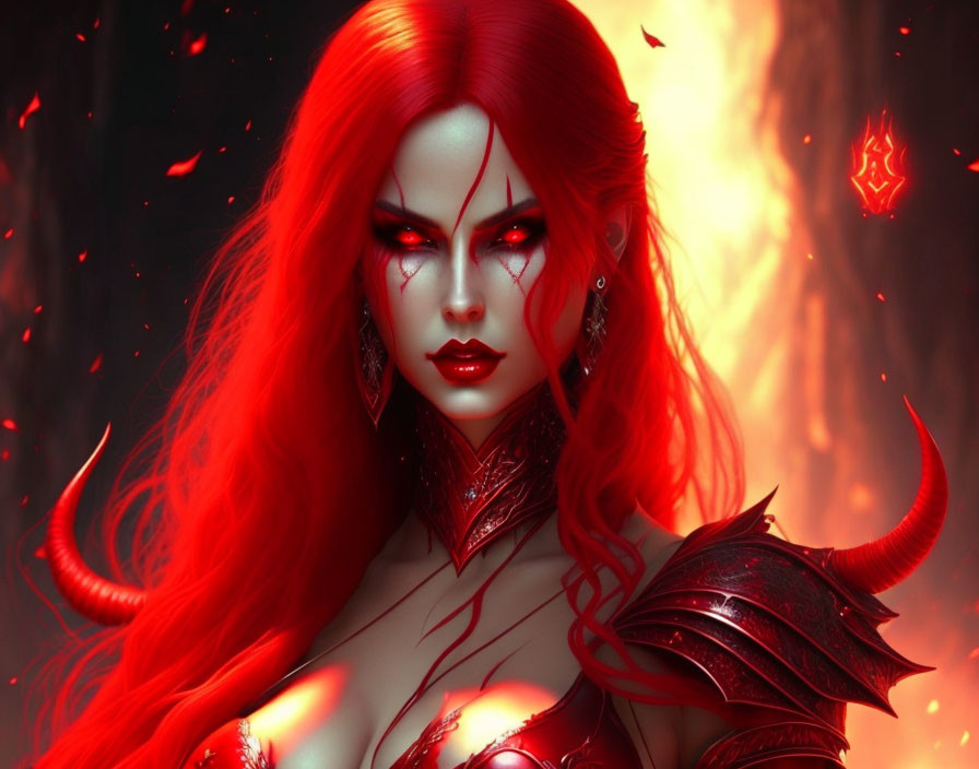 Fantasy Female Character with Red Hair and Demonic Horns in Fiery Armor