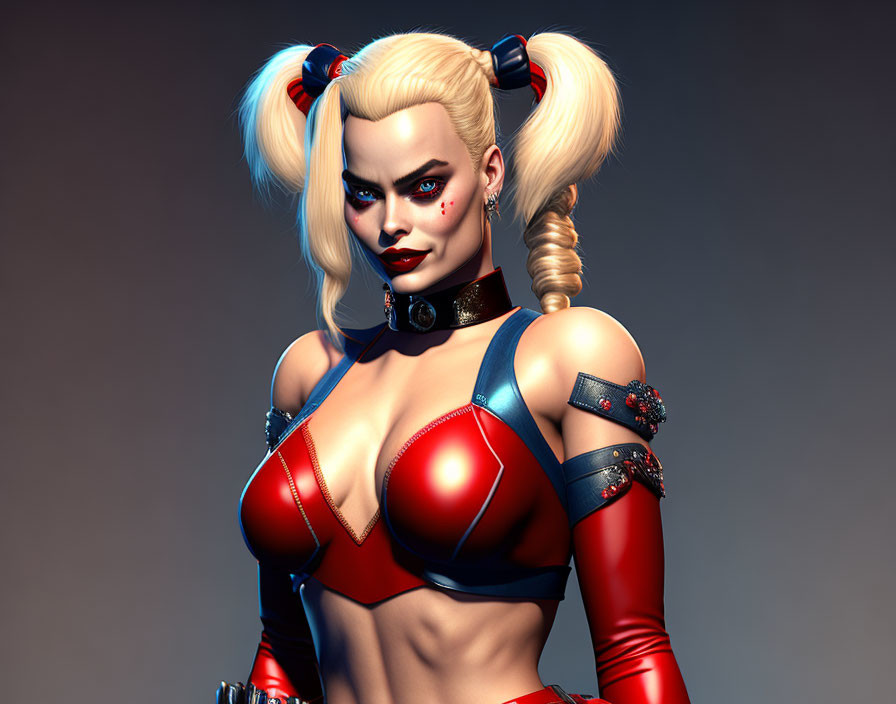 Blonde woman with pigtails in red and blue costume.