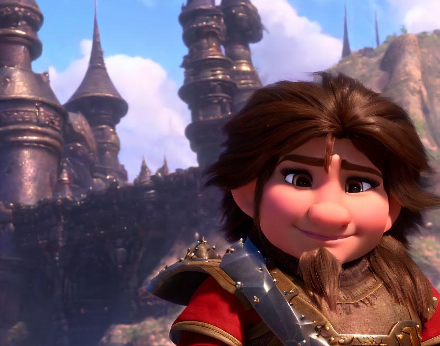 Brown-Haired Animated Character in Armor Before Fantasy Castle