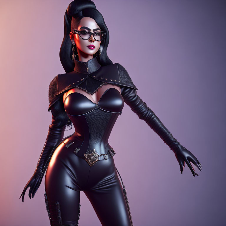 Stylized female character in black leather outfit on pink-purple gradient background