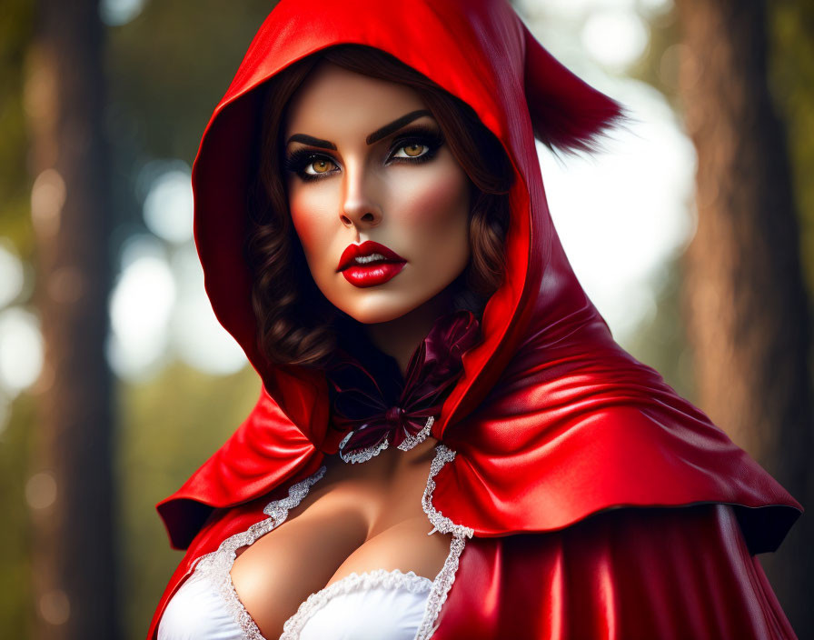 Woman in Little Red Riding Hood costume with red cape and dramatic makeup in forest setting