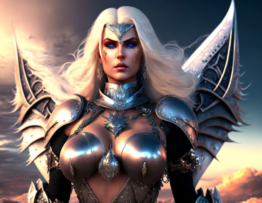 Fantasy female warrior in ornate silver armor with blonde hair