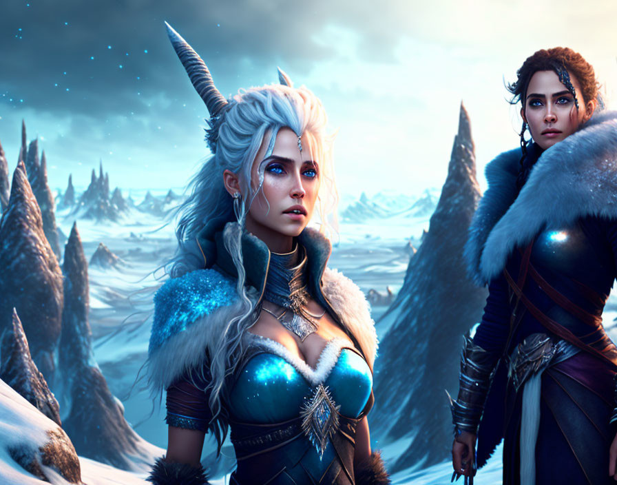 Fantasy female warriors in snowy mountain landscape with white and brown hair, armored outfits