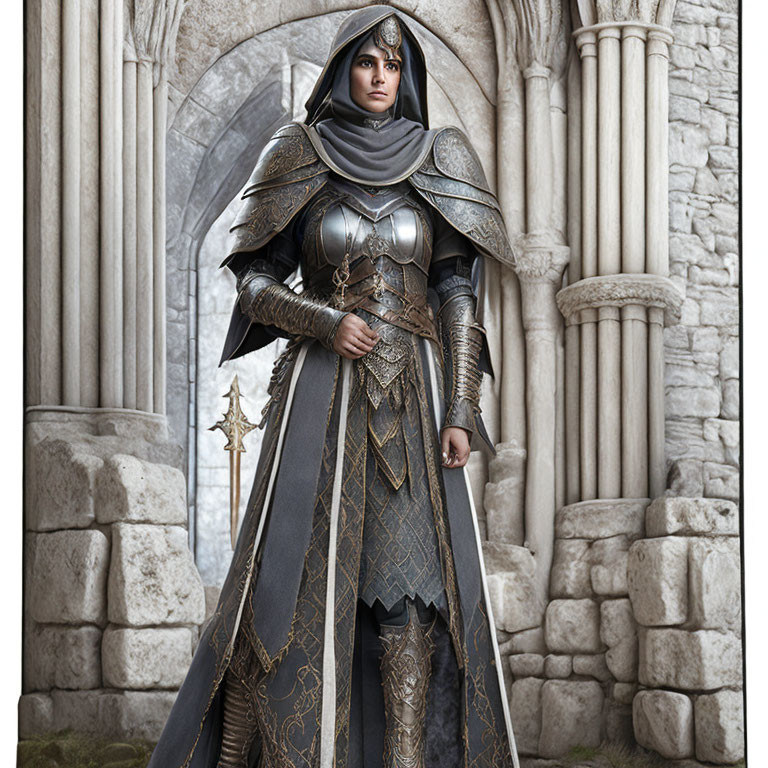 Medieval noblewoman in ornate armor and cloak by stone arches