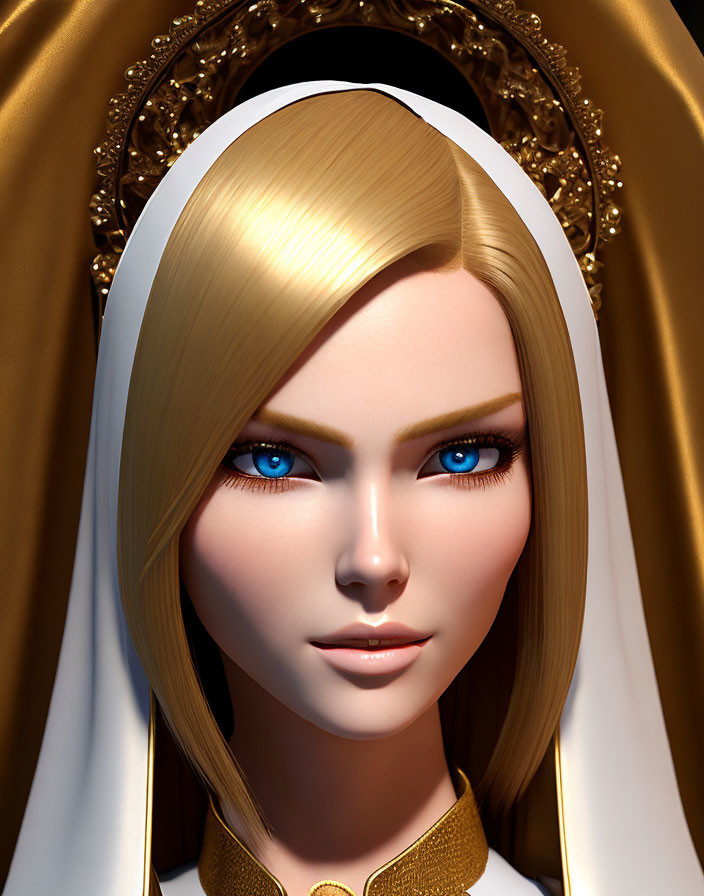 3D illustration of female character with blue eyes, blonde hair, white veil, and golden headpiece